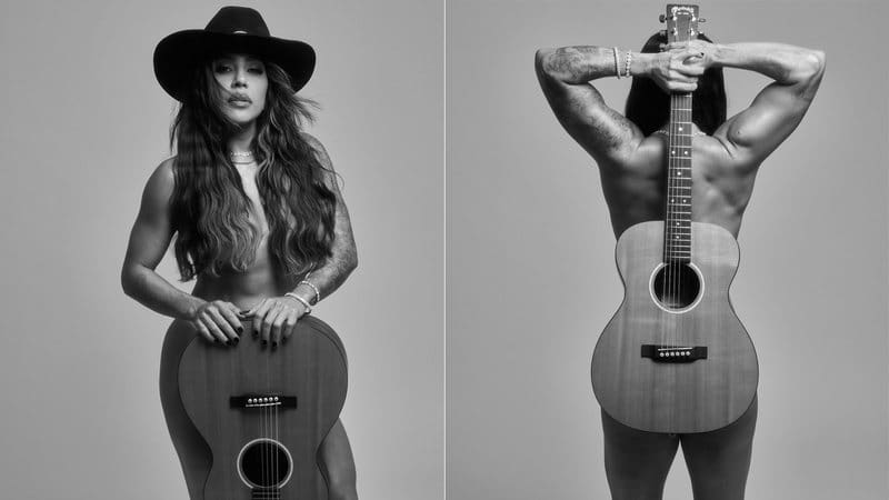 Lauana Prado posou para fotos com seu violão e nada mais