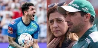 Nino de um lado e Leila Pereira e Abel Ferreira lado a lado