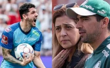 Nino de um lado e Leila Pereira e Abel Ferreira lado a lado