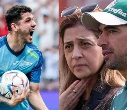 Nino de um lado e Leila Pereira e Abel Ferreira lado a lado