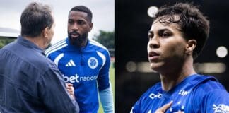 Gerson cumprimenta Pedrinho e BH e Kaio Jorge fazendo pose no Cruzeiro
