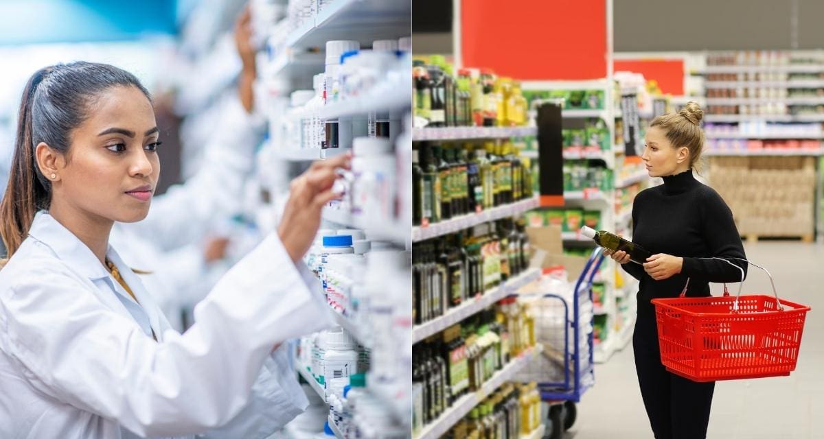 Farmácias e supermercados lado a lado