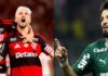 Pedro e Arrascaeta comemorando gol / O jogador Flaco López, da SE Palmeiras, comemora seu gol