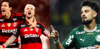 Pedro e Arrascaeta comemorando gol / O jogador Flaco López, da SE Palmeiras, comemora seu gol