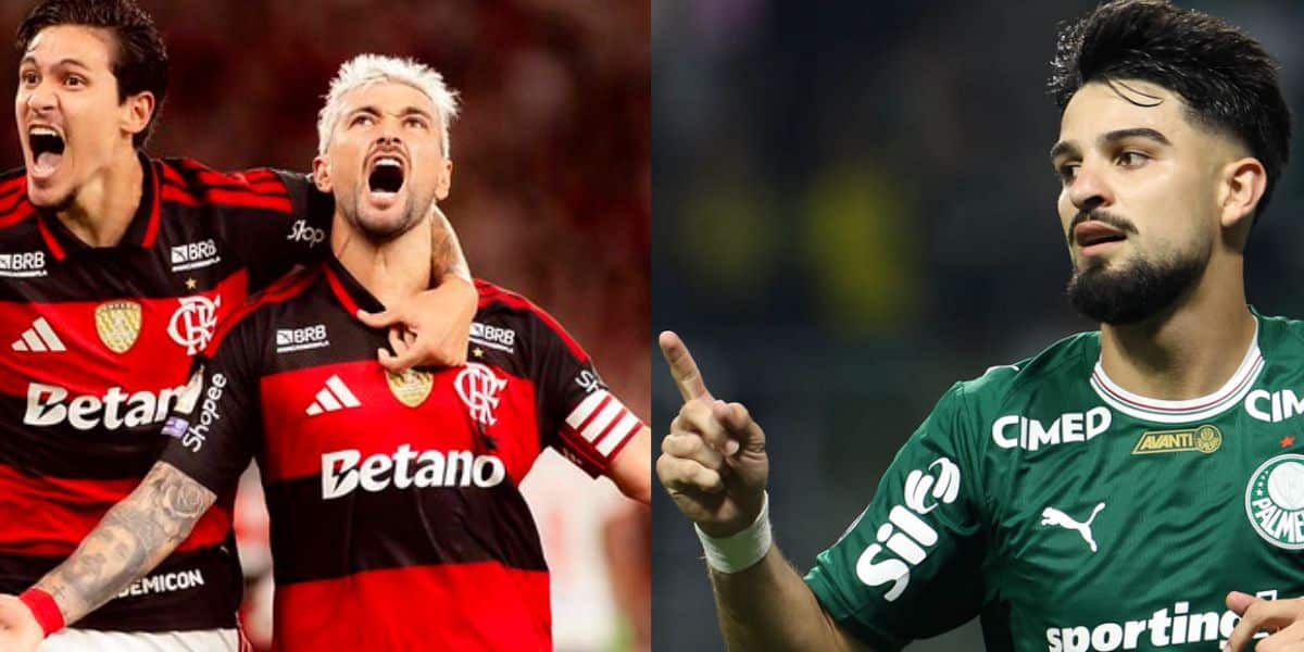 Pedro e Arrascaeta comemorando gol / O jogador Flaco López, da SE Palmeiras, comemora seu gol