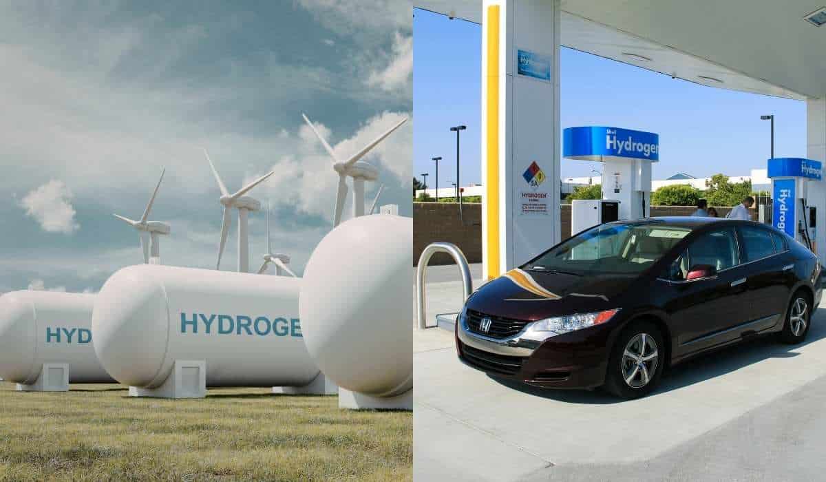 Cilindros de hidrogênio verde e um carro elétrico carregando