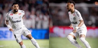 Fotos de Neymar e Gabigol em campo durante jogo do Santos