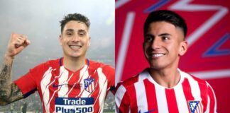 o meia Thiago Almada e o zagueiro José Giménez